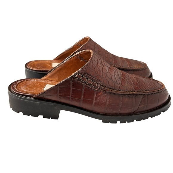 Talbots Slide Mules Sz 6.5 Brown Croc Embossed Leather Clog Chucky Rugged Soles - Picture 6 of 12